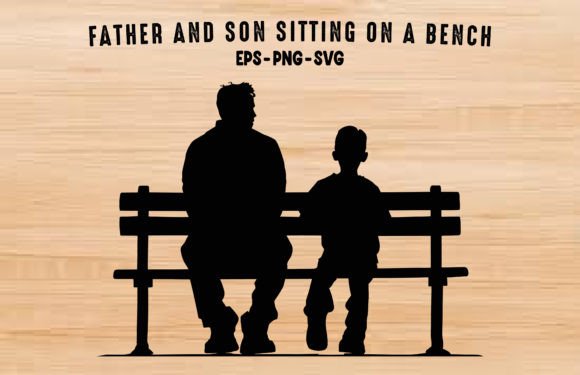 Dad and Son Sitting on Bench Silhouette for Design Projects